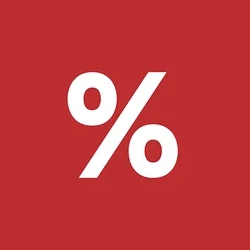 Bílý symbol procenta na červeném pozadí.