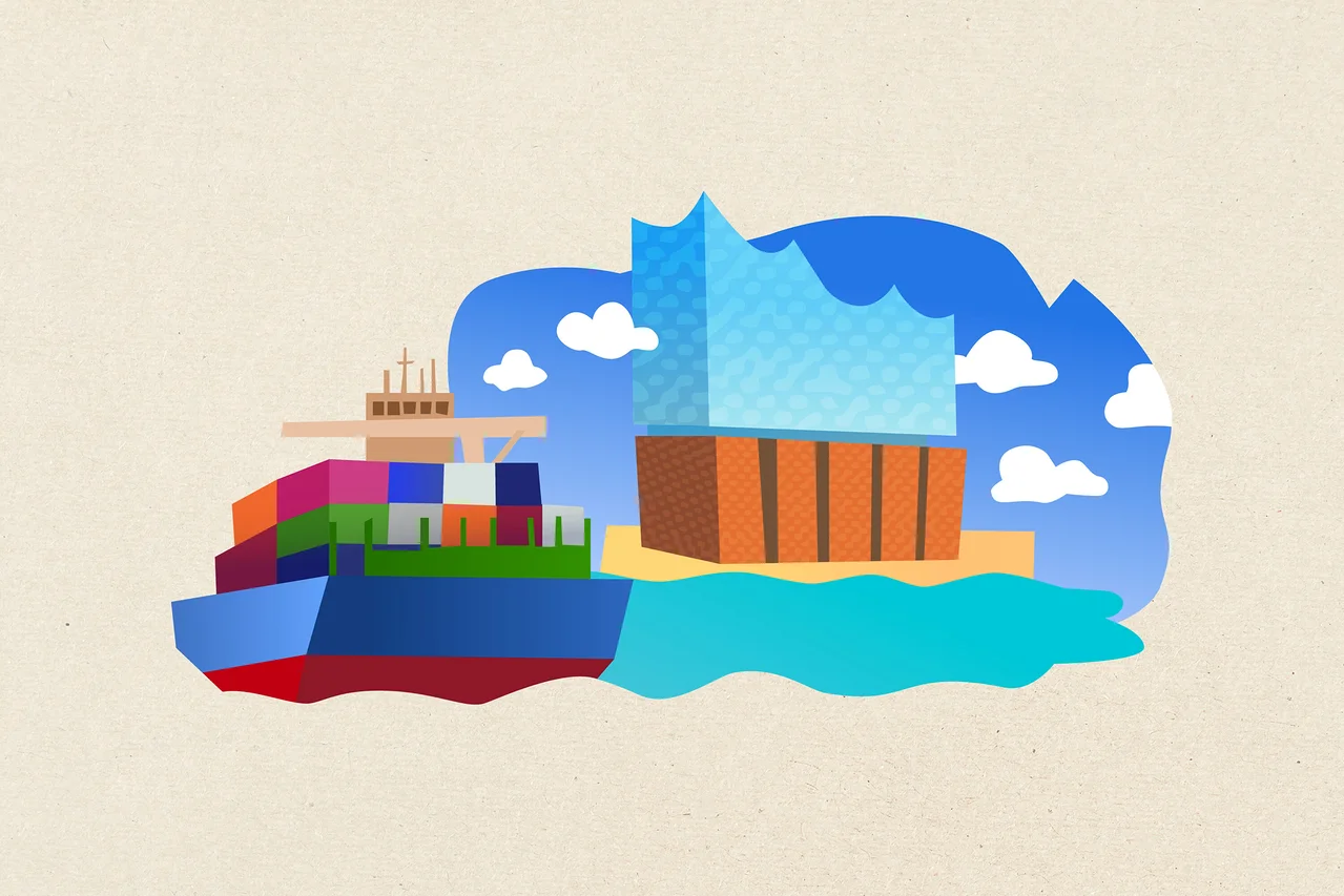 Illustration eines Containerschiffs mit bunten Containern, das an einem Gebäude vorbeifährt, das der Elbphilharmonie ähnelt, mit Wasser und blauem Himmel mit Wolken.