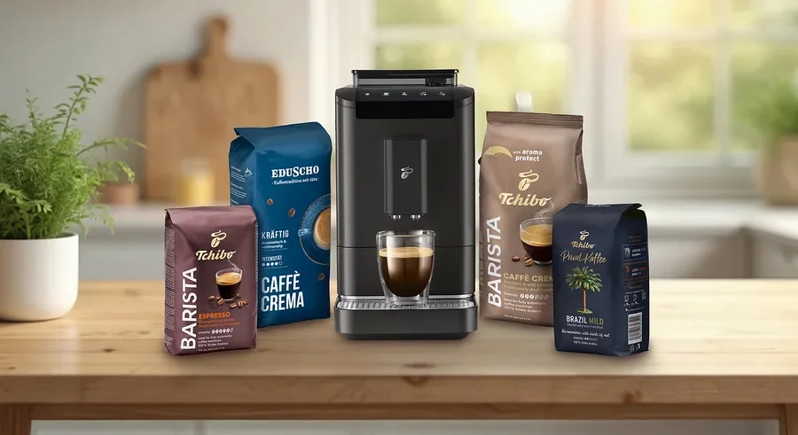Na stole stojí kávovar, šálek espressa, Tchibo Barista Espresso, Eduscho Kräftig Caffè Crema a Tchibo Brazil Mild.