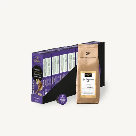 Balení kapslí Cafissimo Caffe Crema Guatemala, kávová kapsle a balení zrnkové kávy Rarität Las Orquídeas.