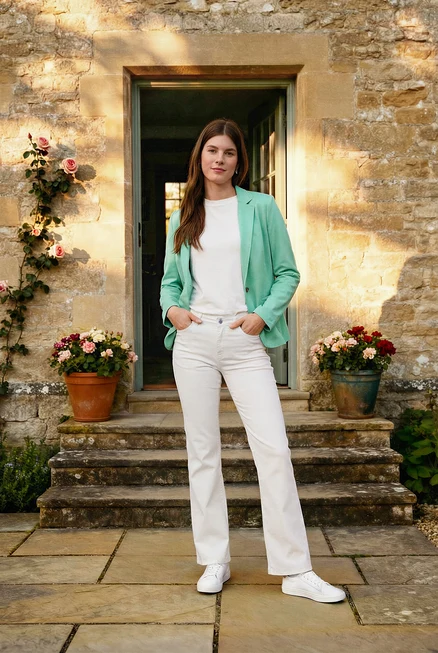Žena stojí před kamenným schodištěm, má na sobě zelené sako, bílé triko Basic, krémové džíny bootcut ‒ Fit »Lou« a kožené tenisky. Má náušnice Wave.