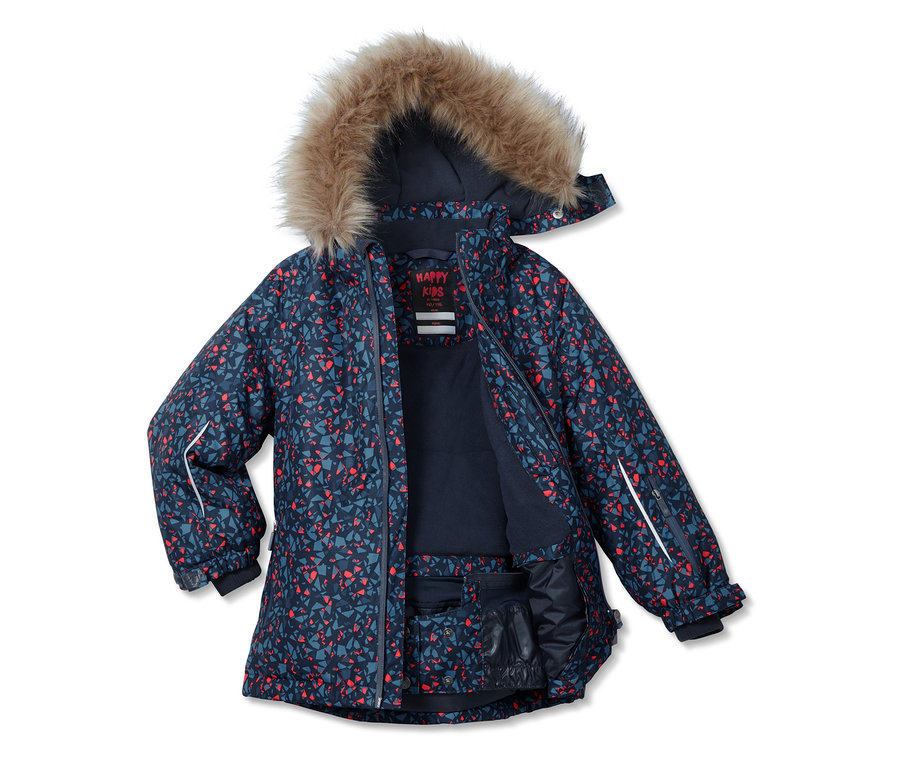 Otevřená lyžařská bunda s kapucí s kožešinou, tmavě modrá s červeným vzorem.