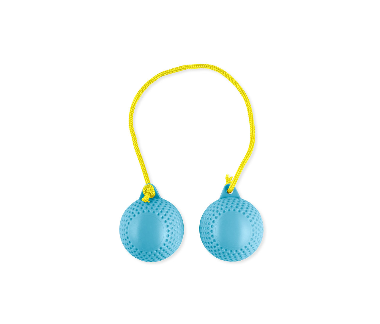 Dvě modré házecí hry s žlutou šňůrkou.