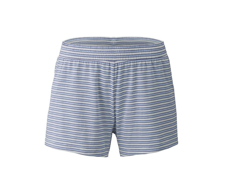 Modré a bílé pruhované krátké pyžamo.