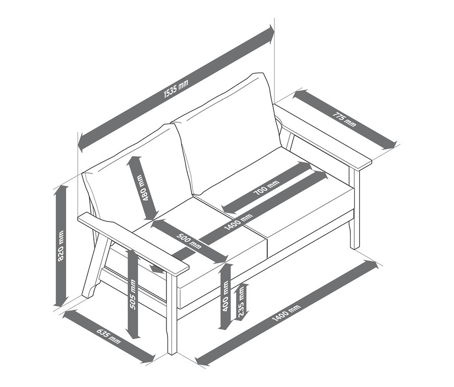 Rozměry dvoumístné pohovky ze dřeva s certifikací FSC®.