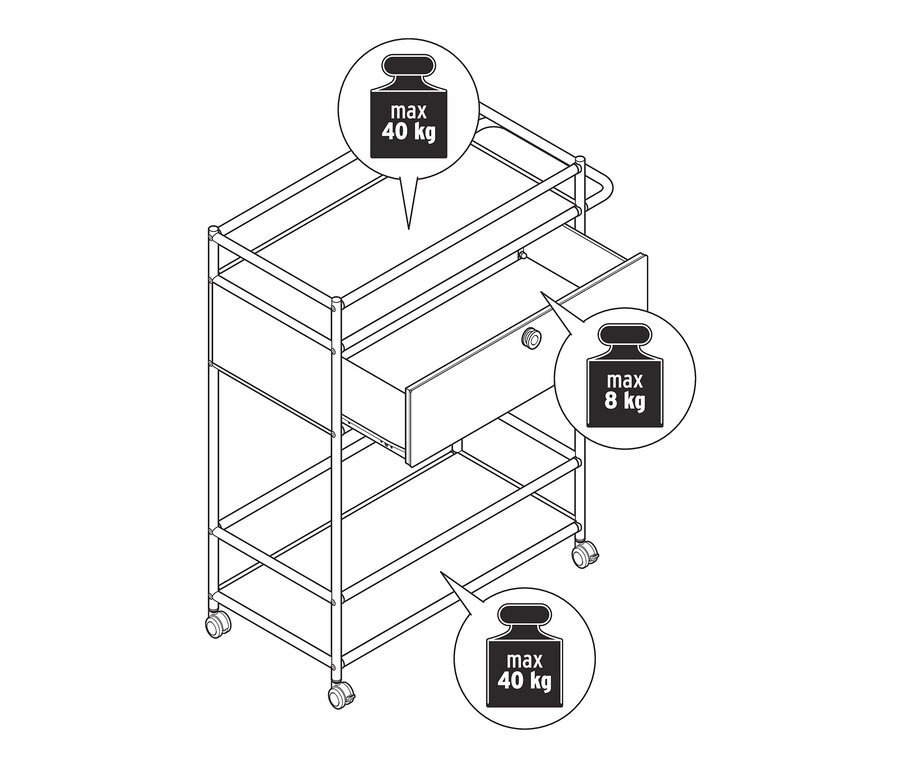 Náčrt kovového barového vozíku se třemi policemi a jednou zásuvkou.