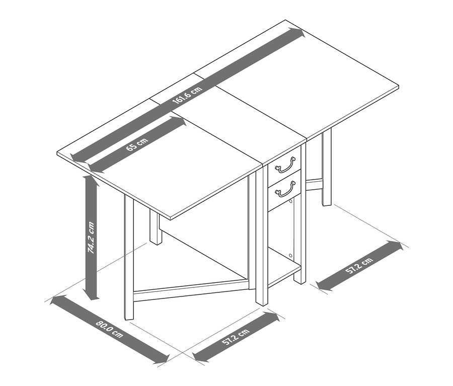 Ilustrace rozkládacího kuchyňského stolu s rozměry.