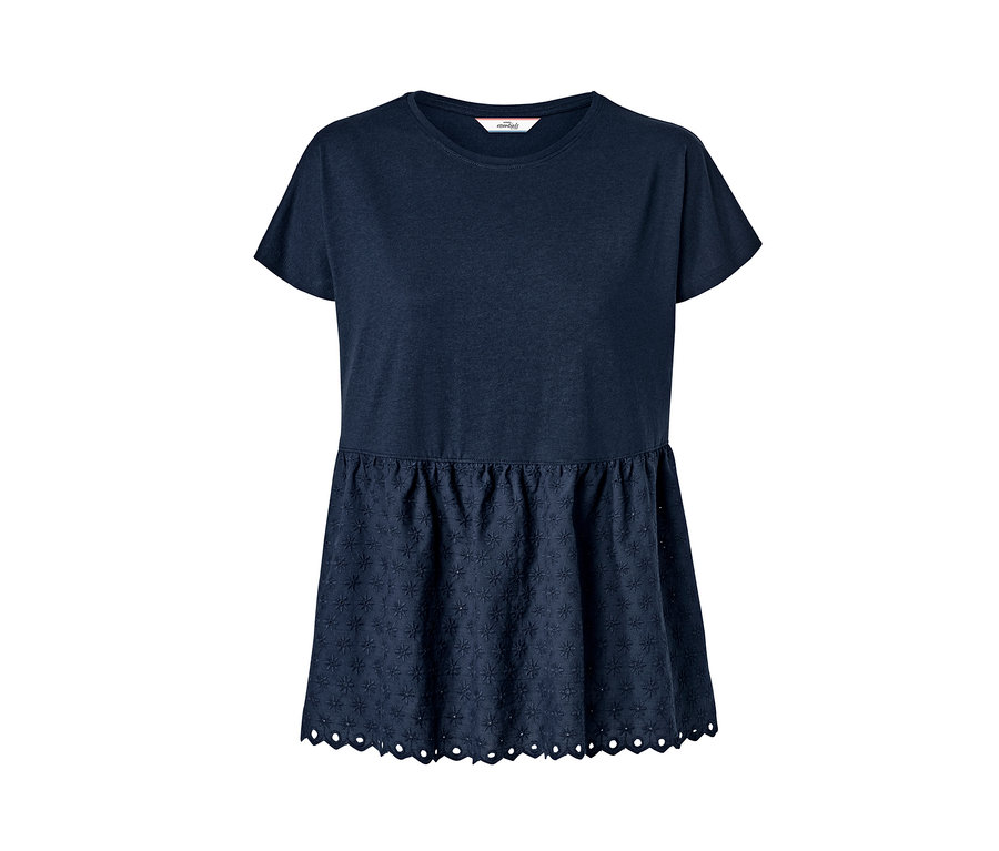 Tmavě modré triko z kombinace materiálů s výšivkou.