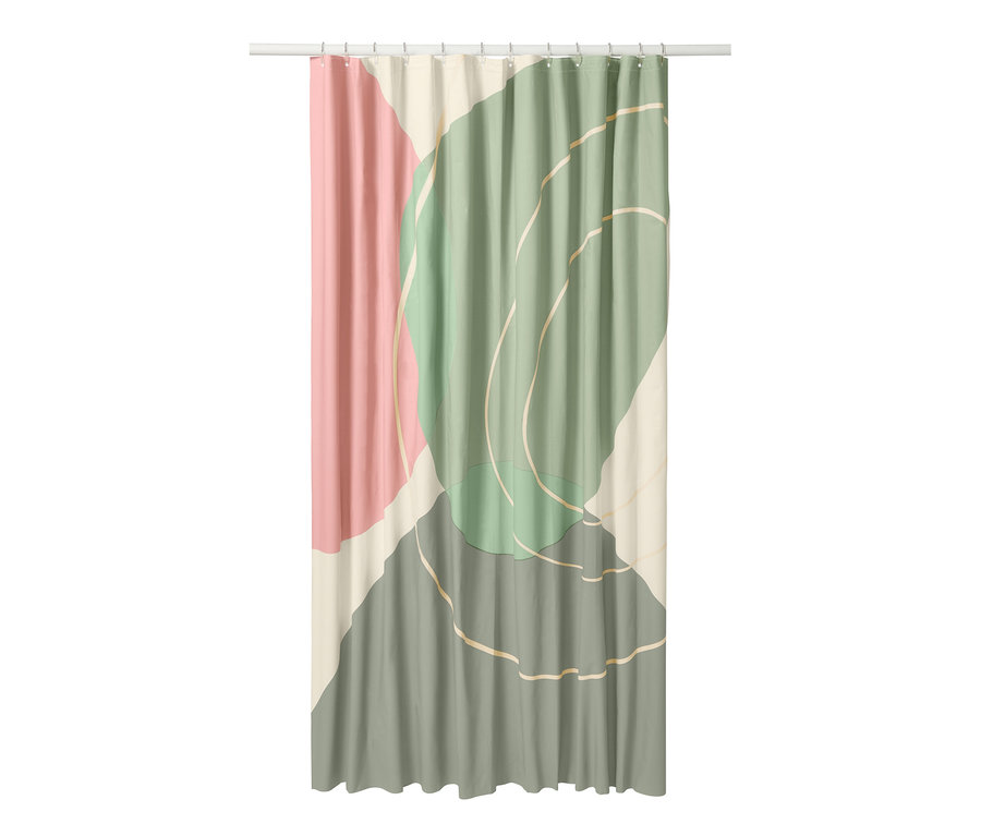 Kvalitní závěs do sprchy s abstraktním motivem v růžové, zelené a krémové barvě.