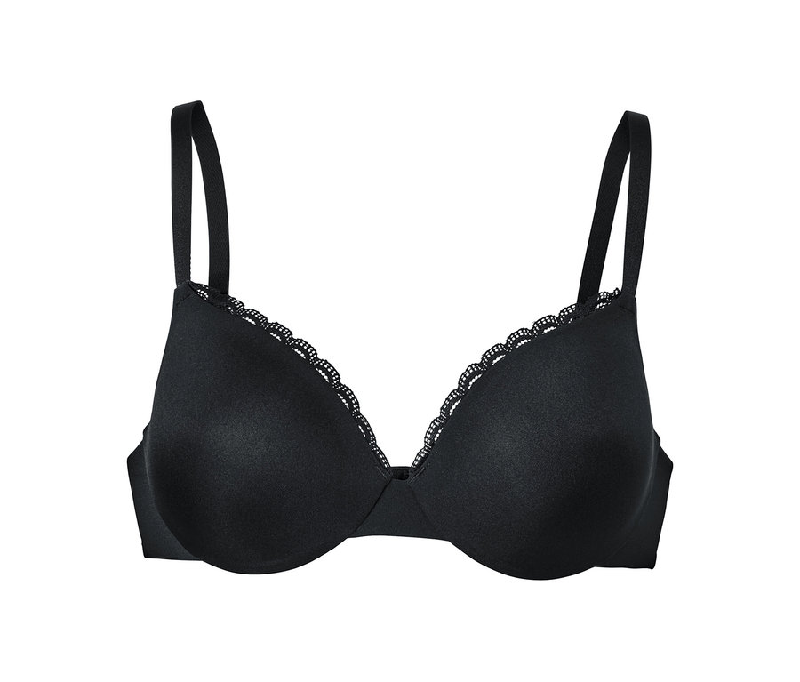 Černá podprsenka pod tričko s krajkou na bílém pozadí.