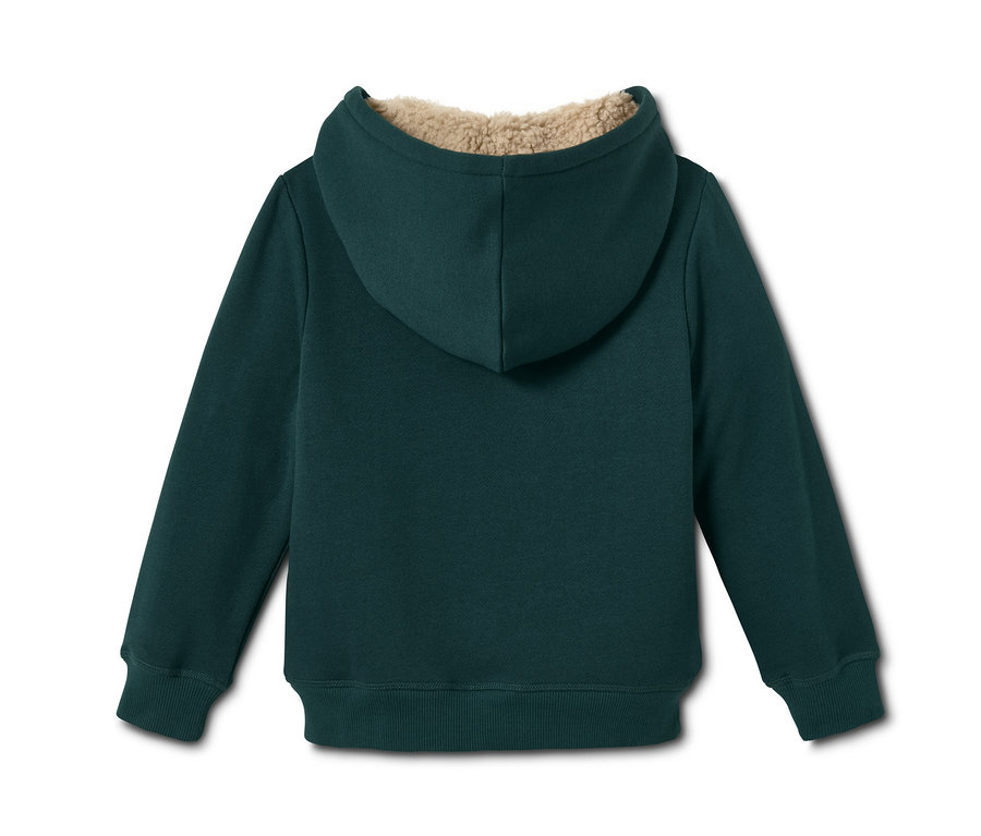 Tmavě zelená mikina s kapucí.