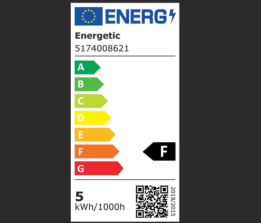 Energetický štítek s třídami A až G a spotřebou 5 kWh/1000h.