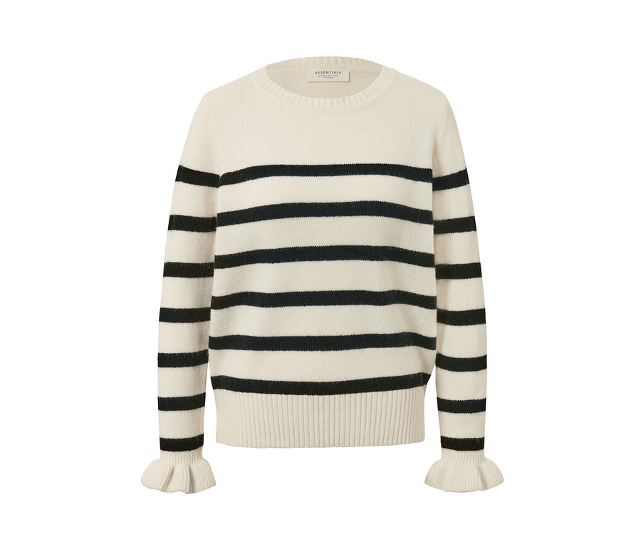 Pletený svetr s volánkovými detaily a proužky.