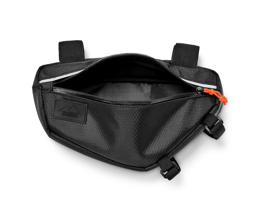 Černá cyklistická taška na rám kola s otevřeným zipem.