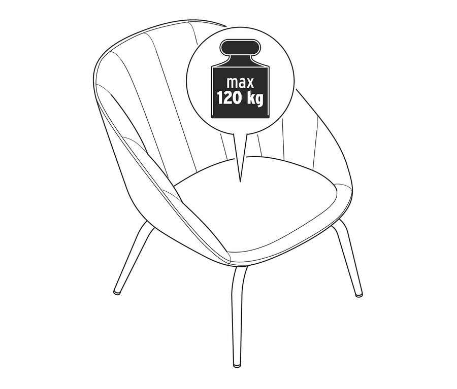 Ilustrace šedozelené polstrované židle s maximální nosností 120 kg.