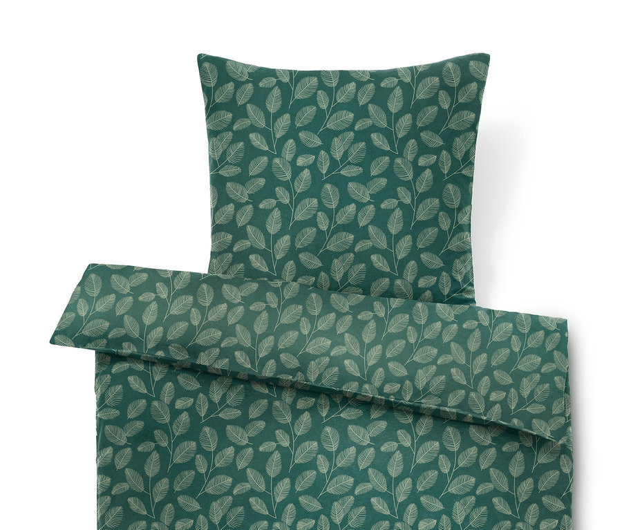Zelené ložní prádlo z biberu se vzorem listů, standardní a nadměrná velikost.