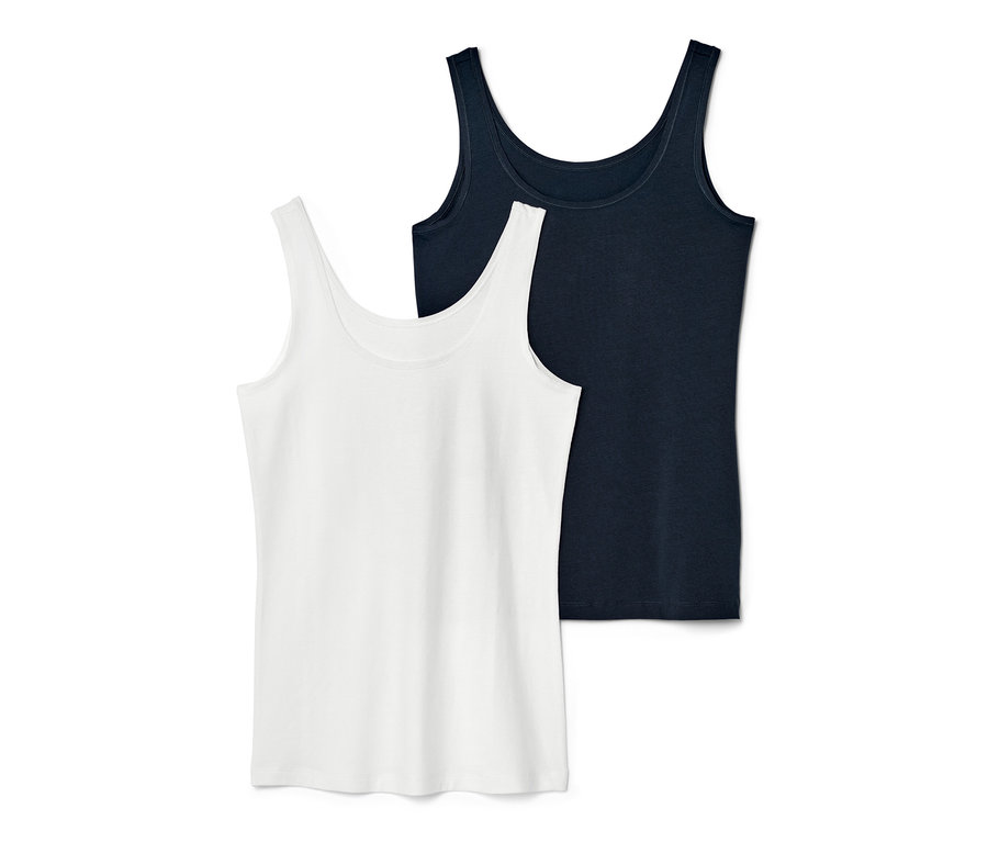 Dvě tílka: jedno bílé, druhé tmavě modré.