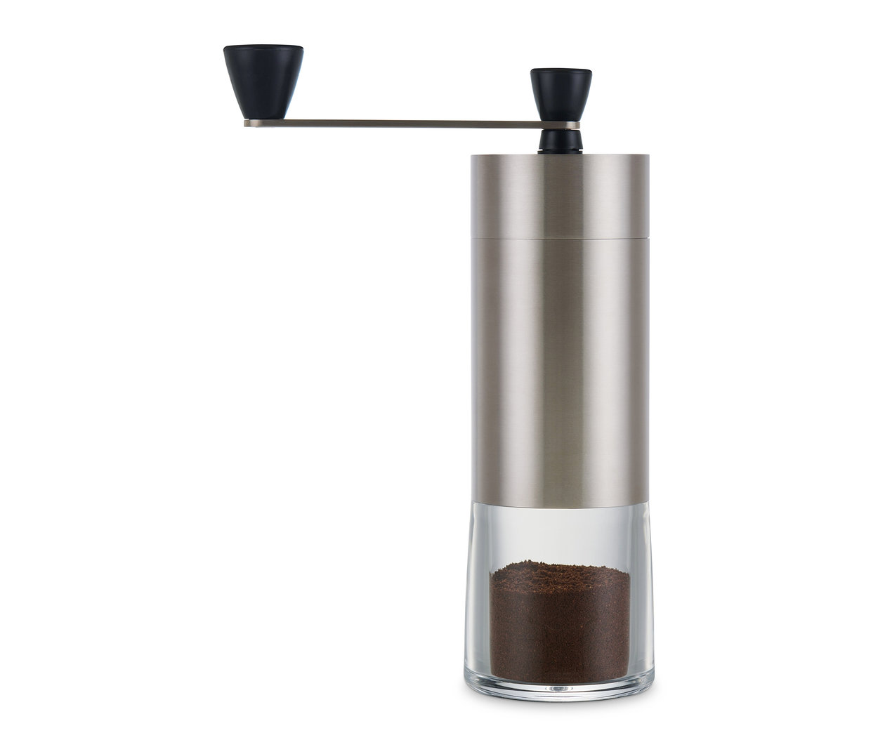 Stříbrný ruční mlýnek na kávu.