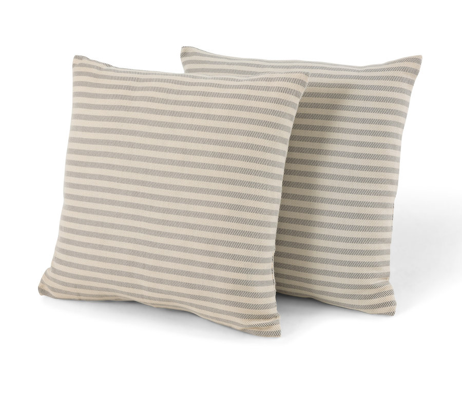 Dva venkovní polštáře s proužky a lněným omakem.