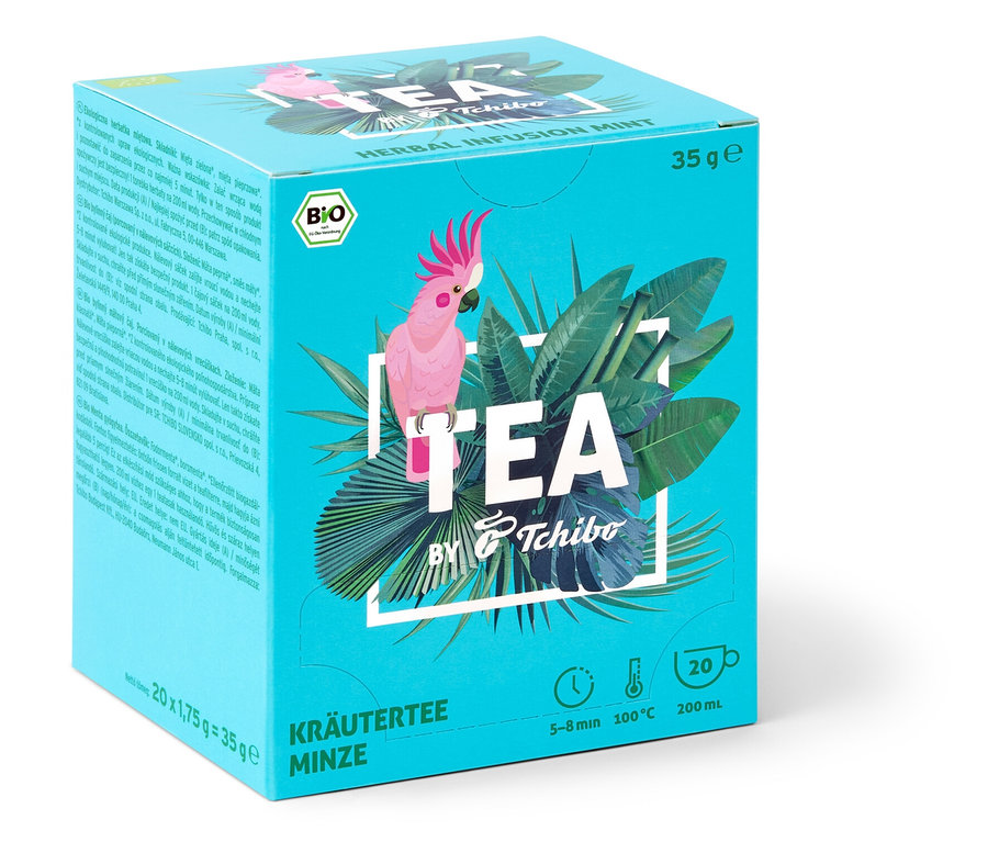 Balení BIO TEA by Tchibo máta s obrázkem kakadu a tropických listů.