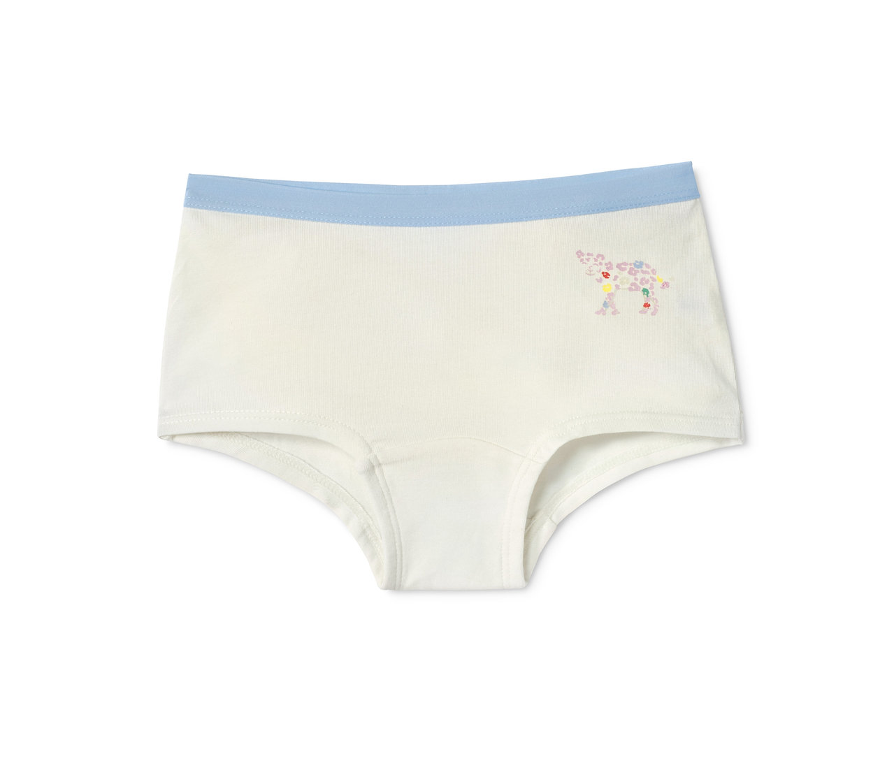 Bílé kalhotky s modrým pasem a květinovým potiskem slona.