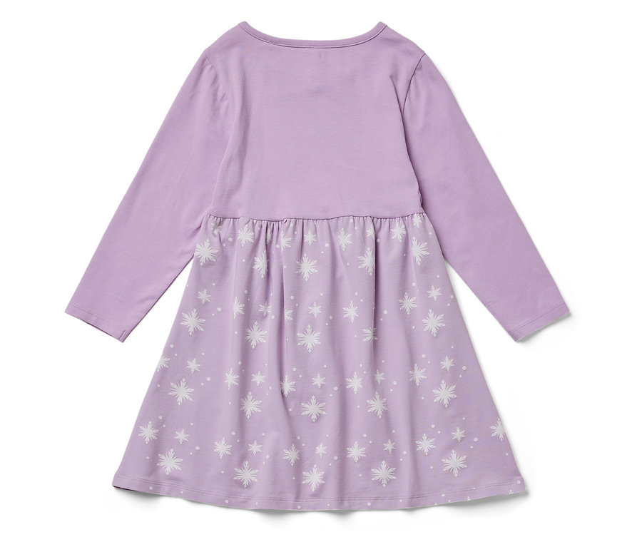 Fialové šaty s dlouhým rukávem a potiskem bílých sněhových vloček.