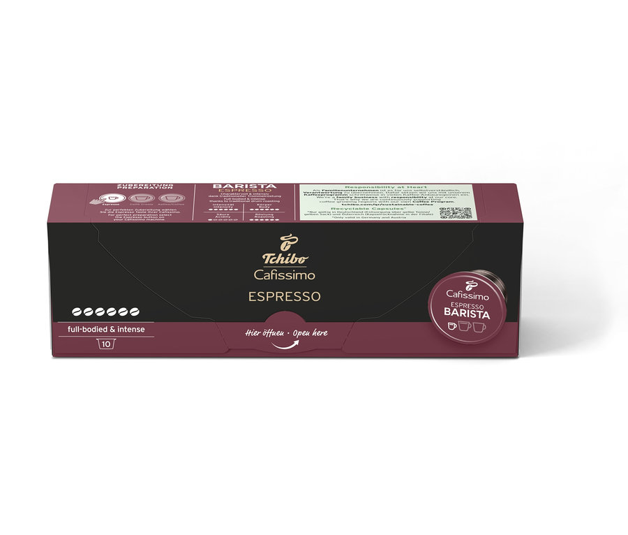 Balení 10 kapslí Cafissimo BARISTA Espresso. Tmavě hnědá krabička s černým středem a nápisem Cafissimo ESPRESSO.