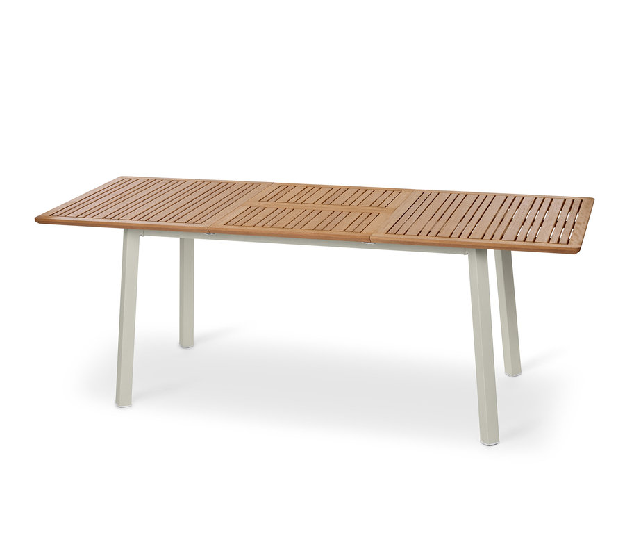 Rozkládací stůl »Liska« s dřevěnou deskou a světlými nohami.