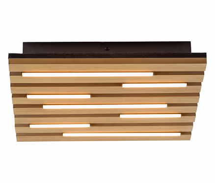 Čtvercové stropní svítidlo s akustickým panelem Just Light s tmavou základnou a horizontálními dřevěnými lamelami, mezi nimiž jsou viditelné osvětlené světelné pásy.