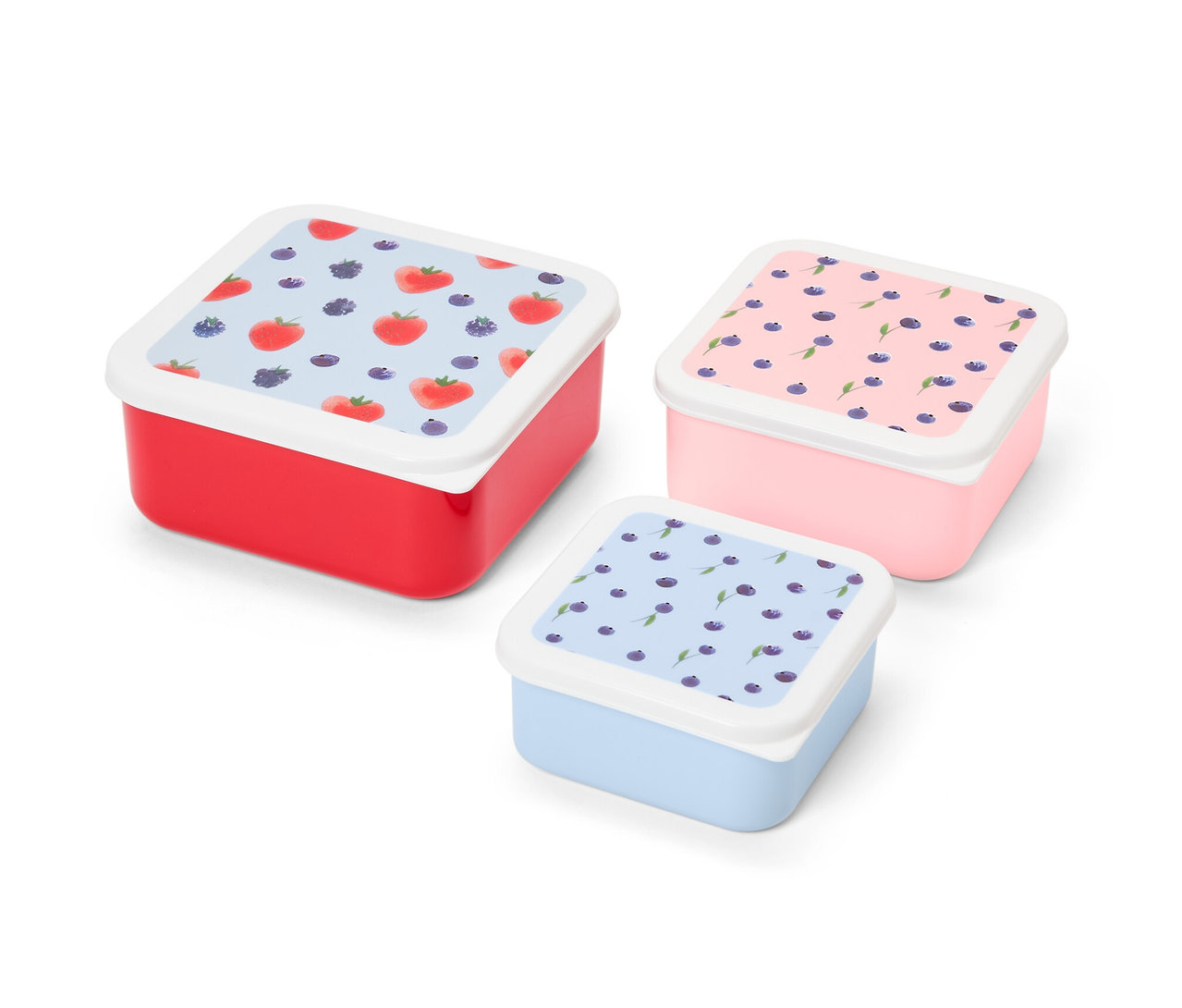 Tři krabičky na pamlsky různých velikostí v červené, růžové a modré barvě s potiskem ovoce.