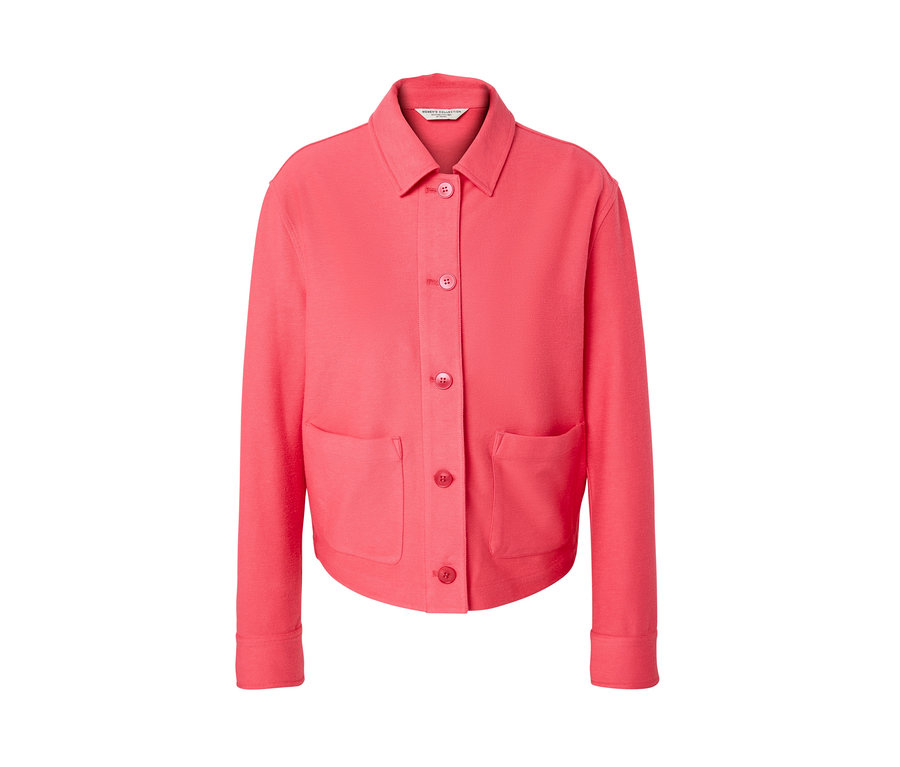 Korálově červená žerzejová bunda s knoflíky a dvěma kapsami.