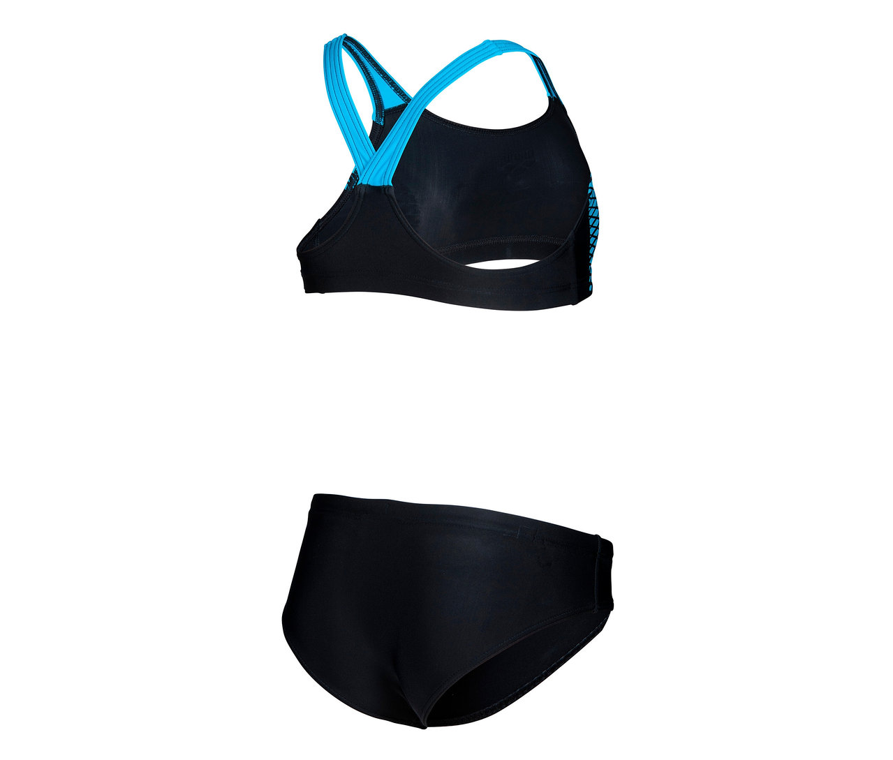 Černé dětské bikiny arena Feel Openings Energy Back s modrými ramínky.