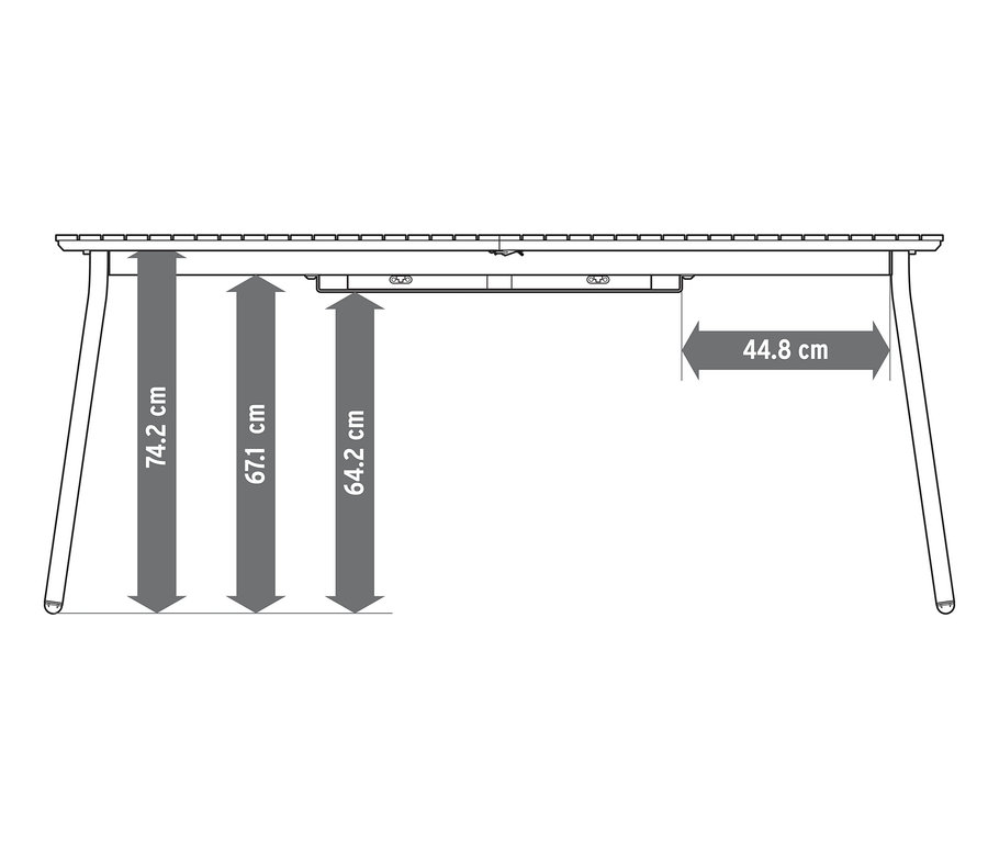 Černobílý nákres rozkládacího stolu »Elin« s vyznačenými rozměry.