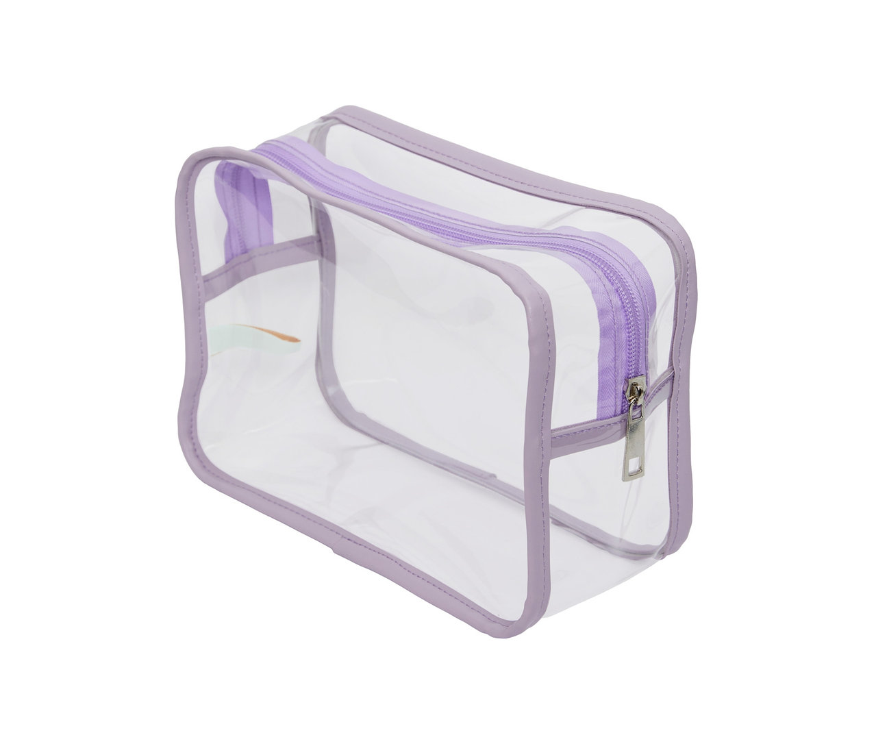 Průhledná toaletní taštička s fialovým lemováním.