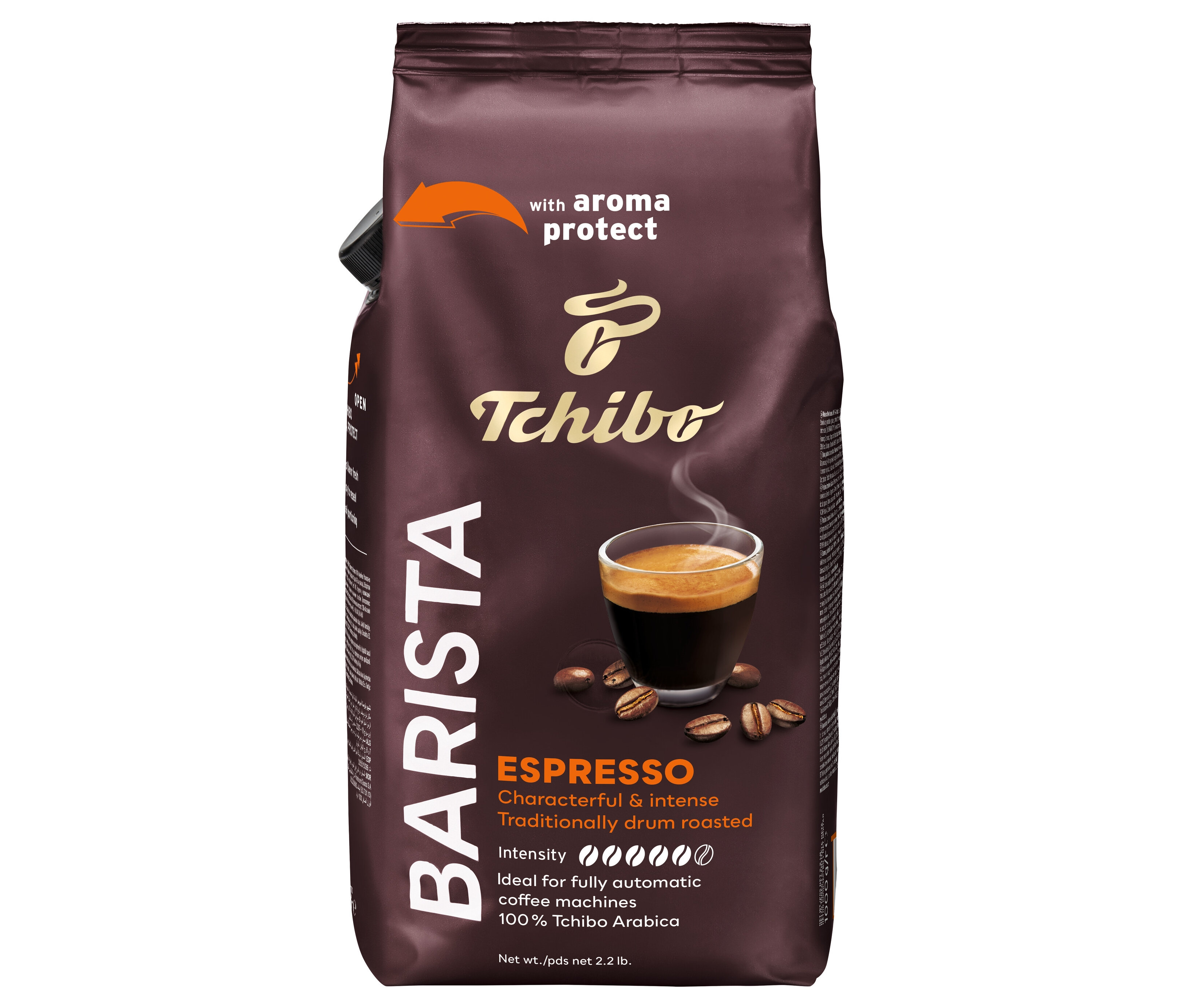 Balení zrnkové kávy Barista Espresso s obrázkem šálku espressa.