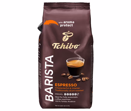 Balení zrnkové kávy Barista Espresso s obrázkem šálku espressa.