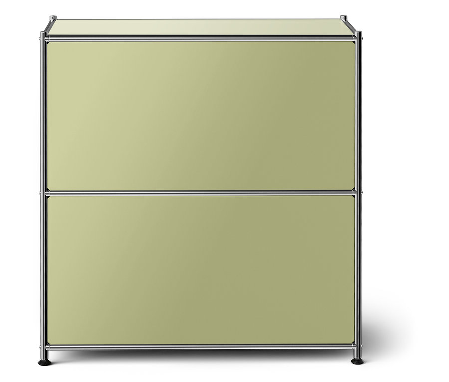 Zavřená světle zelená skříňka se dvěma policemi a stříbrným rámem.