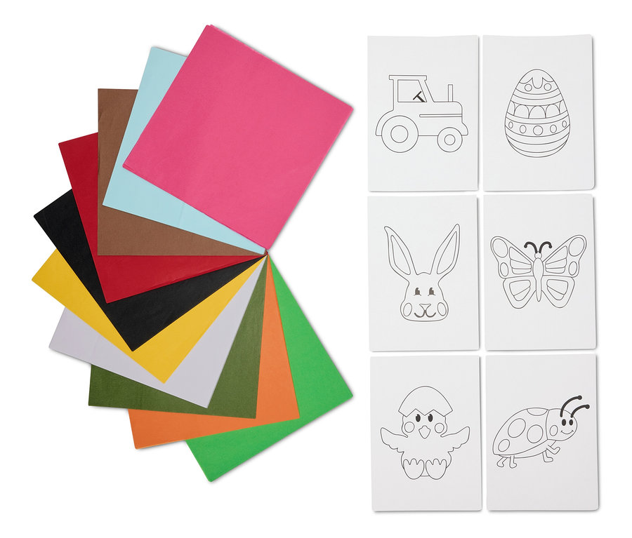 V�cebarevn� ?emesln� pls? vlevo, �est velikono?n�ch motiv? k vybarven� vpravo.