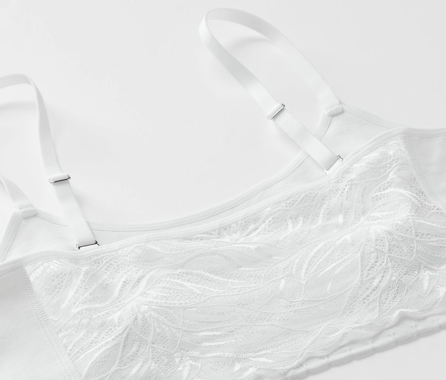 Detail bílé bezešvé podprsenky s krajkou.