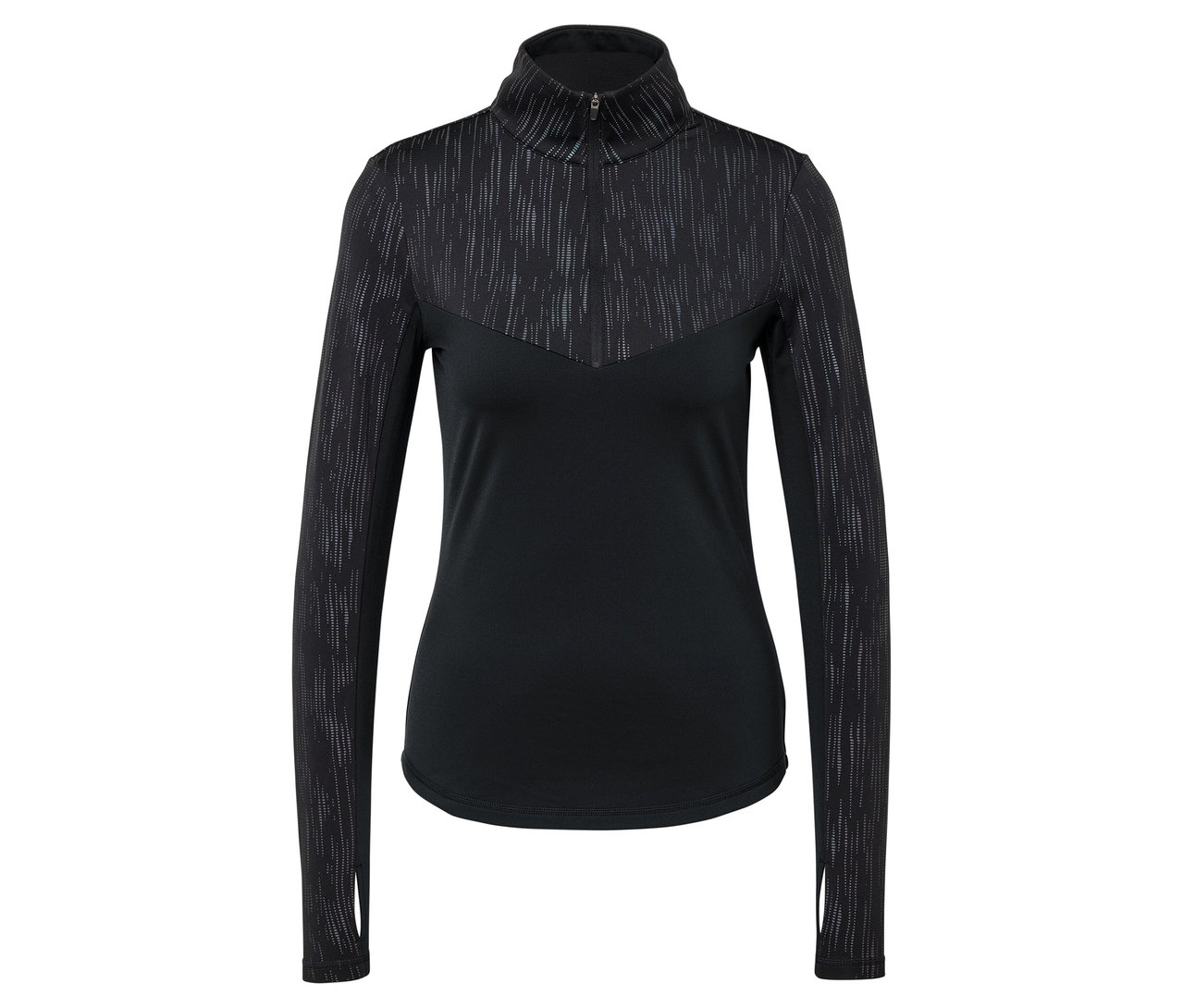 Černé tričko s dlouhým rukávem a texturovanými detaily na ramenou a horní části.