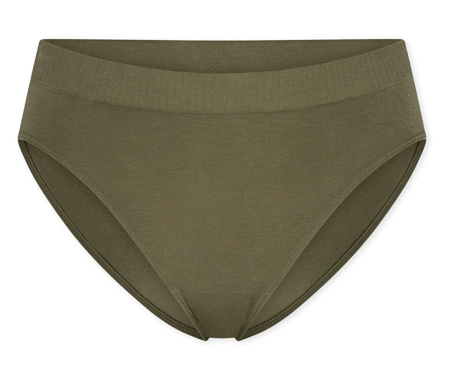 Olivově zelené kalhotky SCHIESSER Rio s žebrovaným pasem, položené naplocho na bílém pozadí.