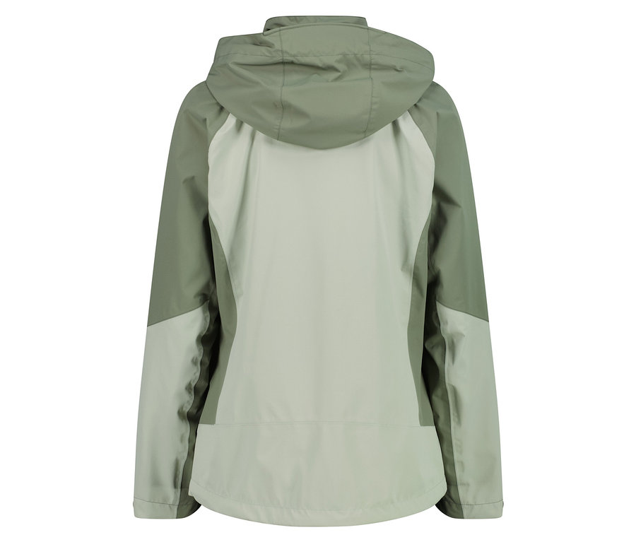 Pohled zezadu na světle zelenou a šedou bundu s kapucí.