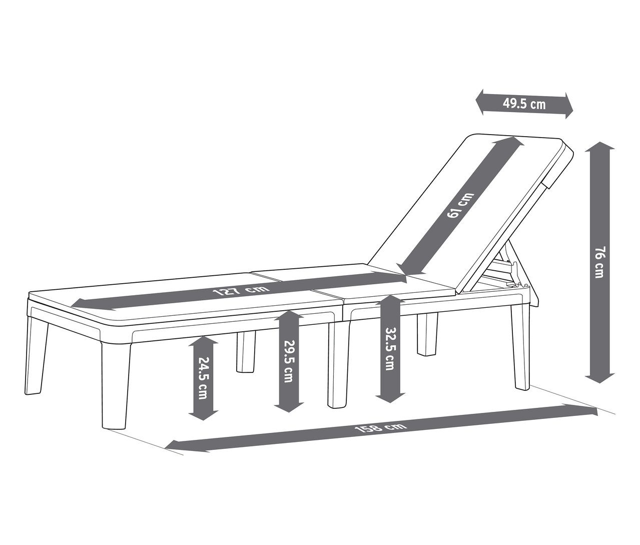 Obrázek lehátka s rozměry v centimetrech.