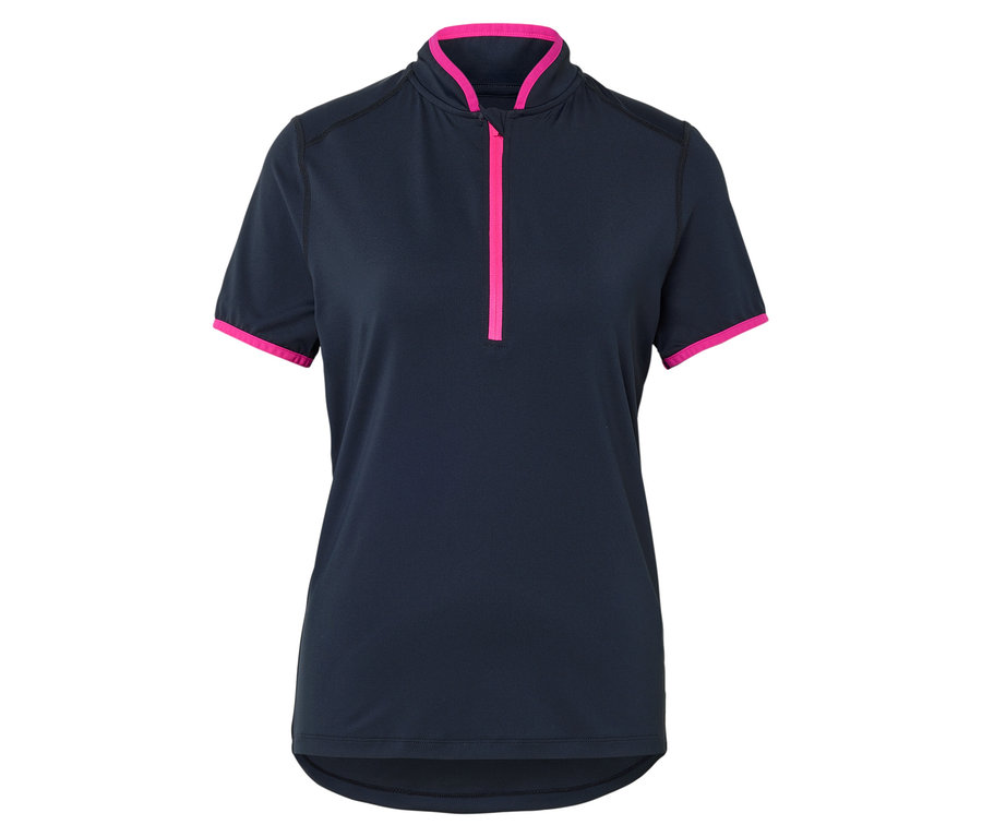 Tmavě modrý sportovní top s krátkým rukávem a růžovým zipem.