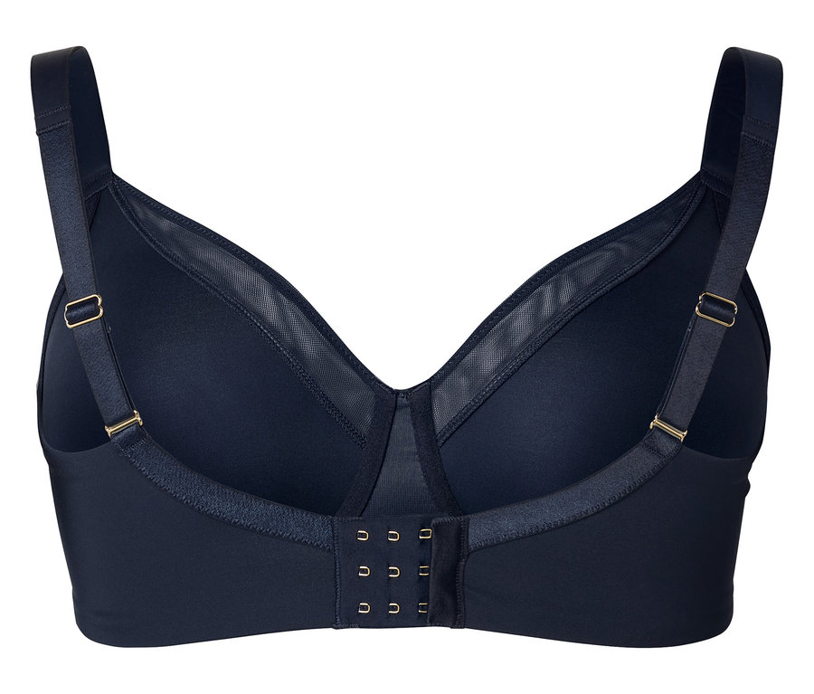 Pohled shora na tmavě modrou podprsenku s trojitým háčkovým zapínáním.