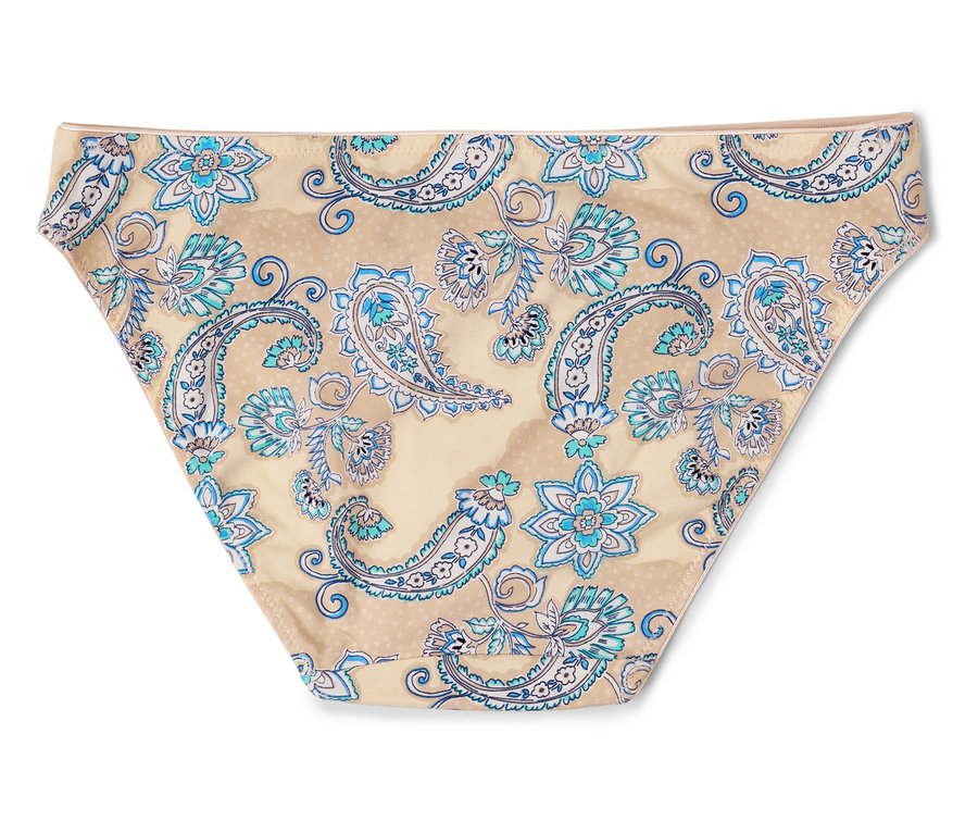 Kalhoty s modrým květinovým vzorem na béžovém pozadí.
