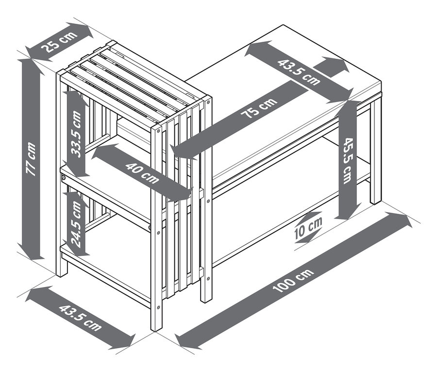 Detailní schematický nákres lavice s botníkem a policí v lamelovém vzhledu s rozměry.