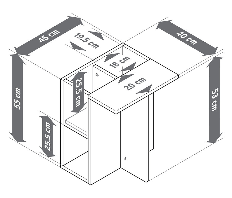 Pohled shora na odkládací stolek v dřevěném vzhledu o rozměrech 55 x 45 x 40 cm.