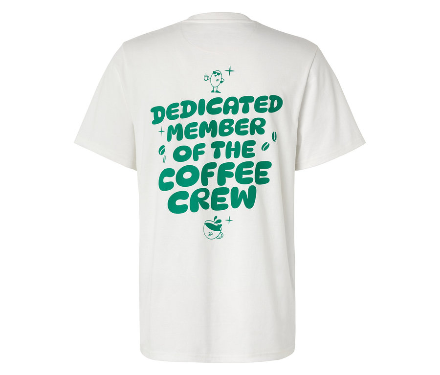 Pohled zezadu na bílé tričko Unisex Coffee Crew T-Shirt se zeleným potiskem.