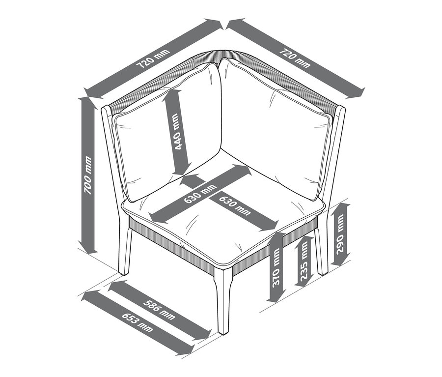 Náčrt rohového dílu lounge nábytku s vyznačenými rozměry.